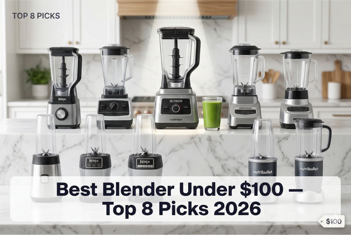 Top 8 best blenders under $100 ranked for 2026: Chefman Obliterator, BLACK+DECKER Quiet, Ninja Professional, nutribullet Combo, and five more on a kitchen counter