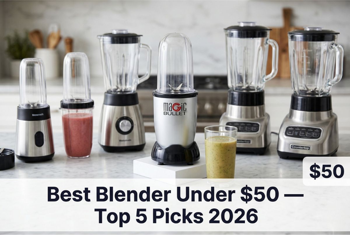 Top 5 best blenders under $50 ranked by performance: Magic Bullet, Sangcon, Bear, GDOR, and Consciot on a kitchen counter