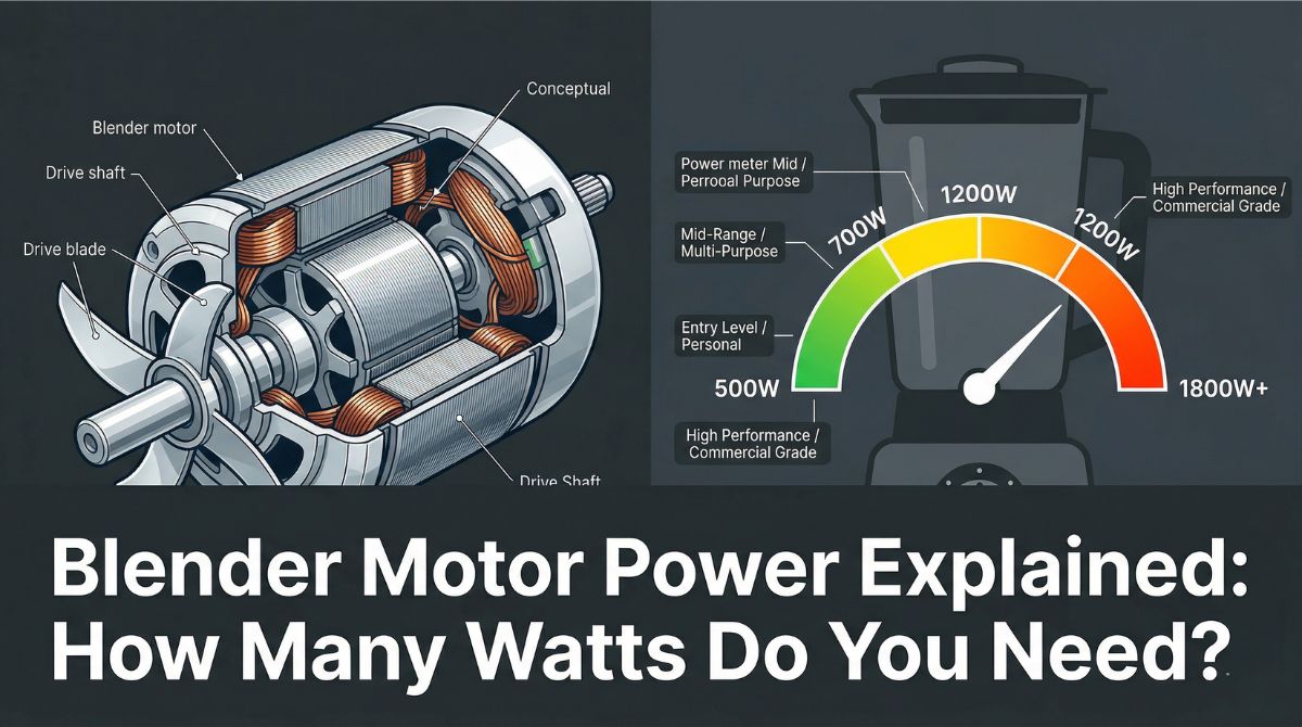 Blender motor power explained: wattage tiers from 500W to 1800W, horsepower conversion, and BLDC motor technology for kitchen blenders