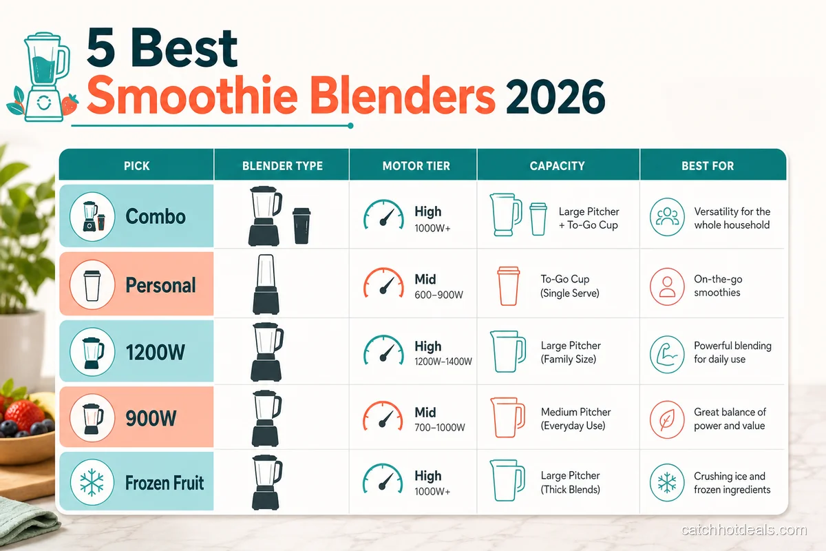 Comparison chart of five smoothie blenders by motor power, capacity, and best-for labels