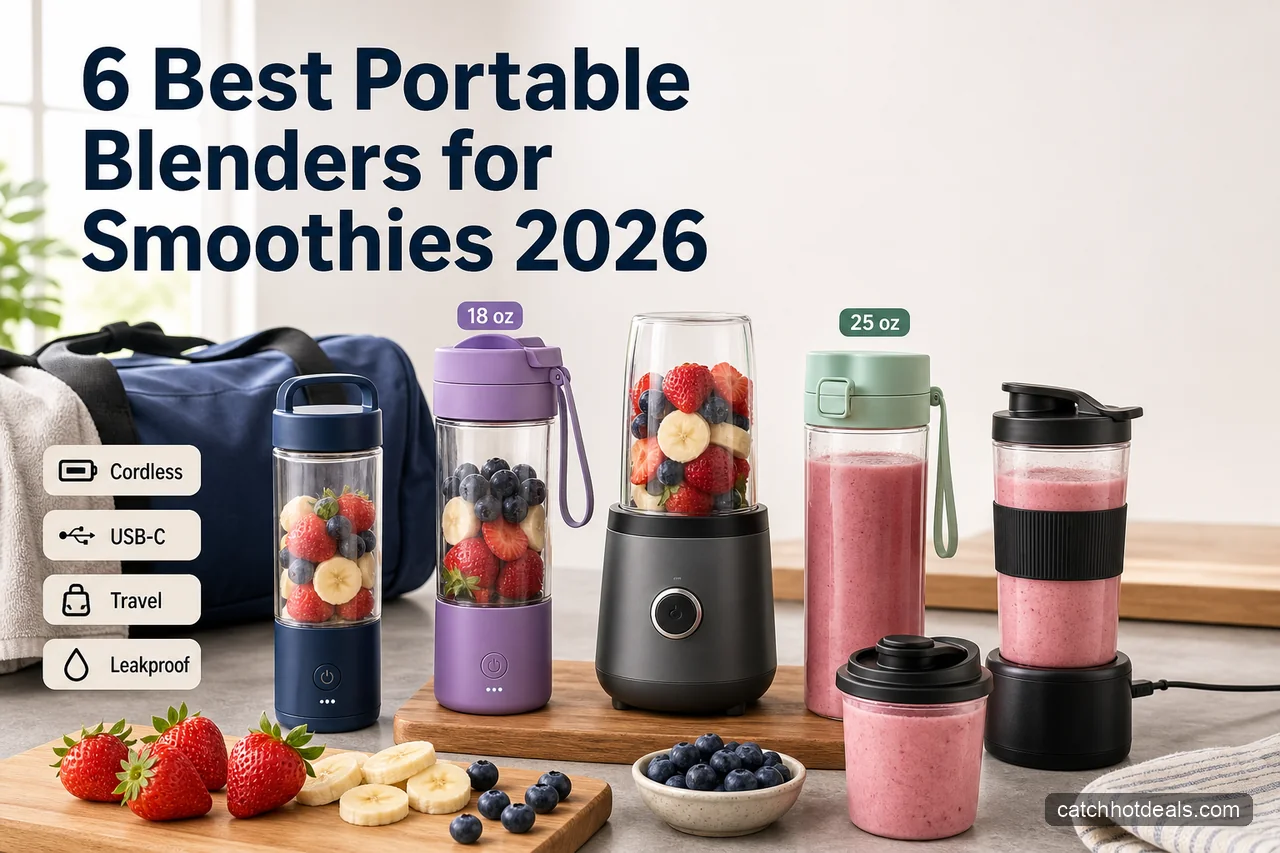 Feature image showing portable and travel blenders with smoothies for a 2026 buying guide