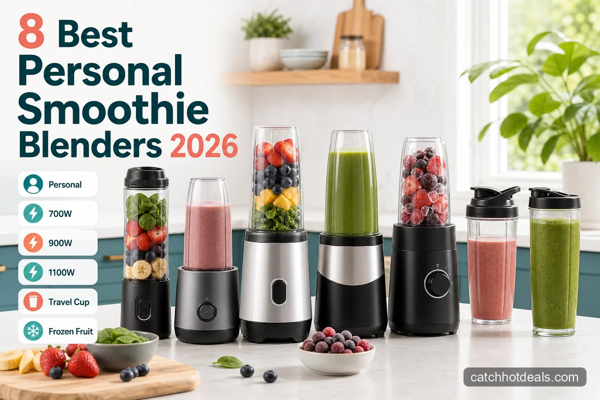Feature image showing personal smoothie blenders and travel cups for a 2026 buying guide