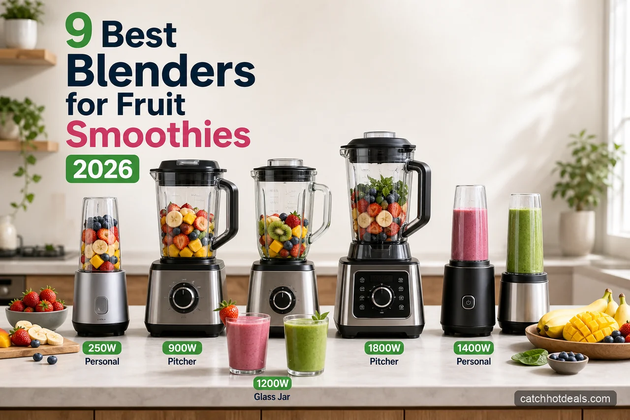 Feature image showing a range of blenders with fresh fruit and smoothies for a 2026 buying guide