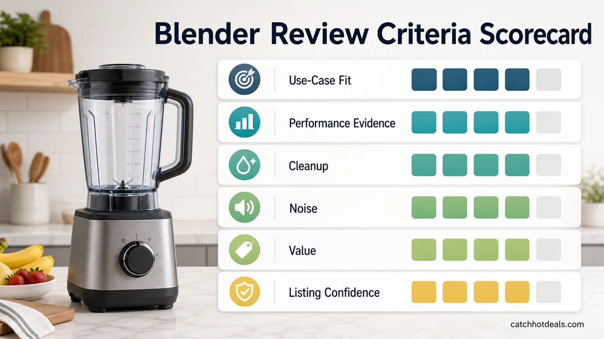 A scorecard visual for blender review criteria including use-case fit, performance evidence, cleanup, noise, value, and listing confidence