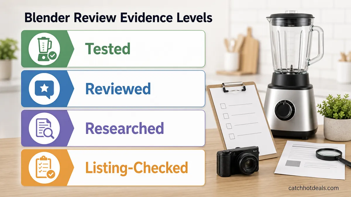 A visual table separating tested, reviewed, researched, and listing-checked blender claims