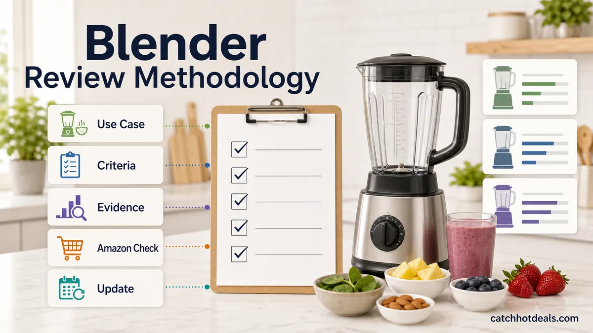 A clean checklist-style visual showing how Catch Hot Deals reviews and compares blenders