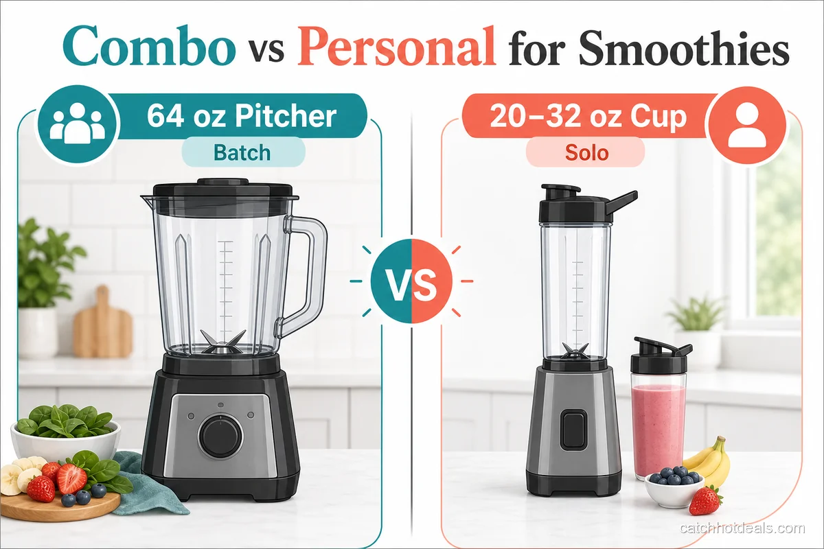 Side-by-side comparison of a full-size smoothie pitcher and a personal blender cup