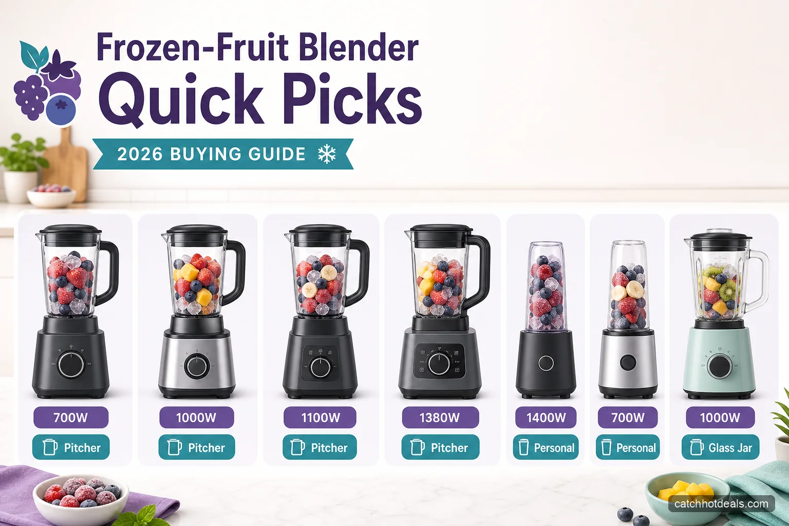 Comparison chart of six blenders by motor power, crushing tech, and format for frozen fruit