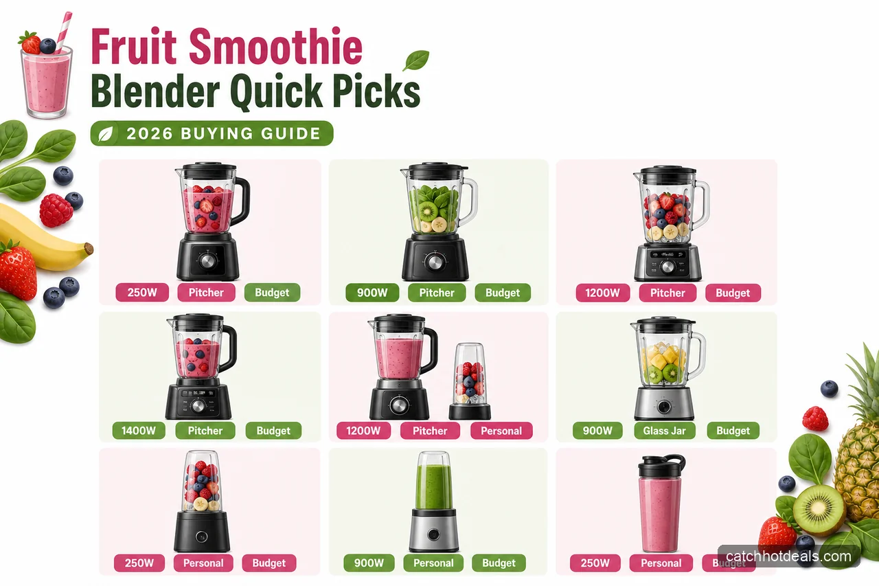 Comparison chart of nine blenders by power, format, and budget for fruit smoothies