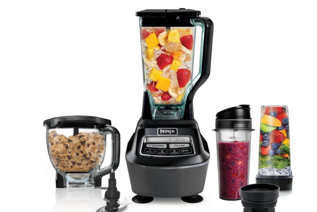 Ninja BL770 Kitchen System 1500W with 72oz pitcher, 64oz food processor bowl, and 2 personal cups on kitchen counter