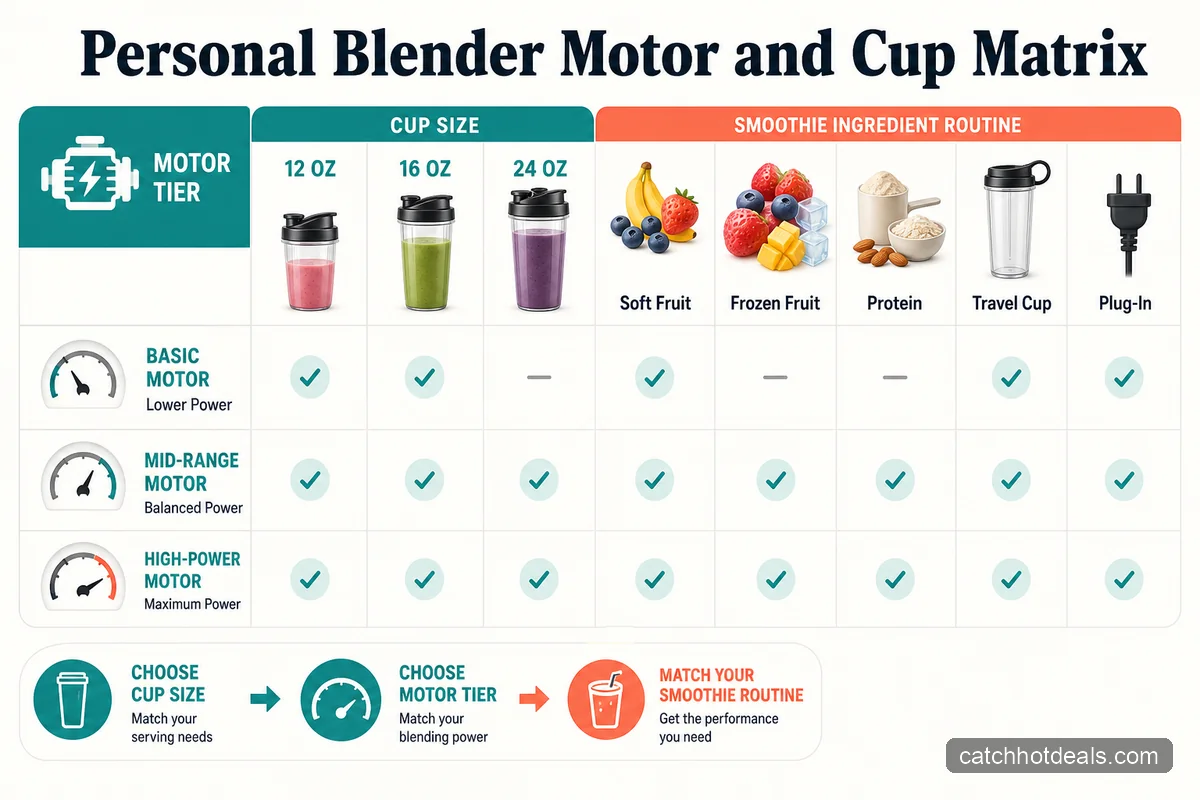 Matrix showing personal blender motor tiers and cup sizes for smoothies