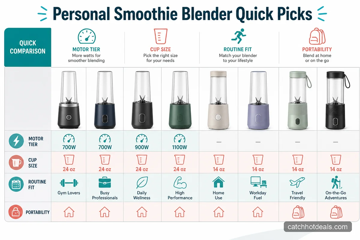 Comparison chart of eight personal smoothie blenders by motor tier, cup size, and routine fit