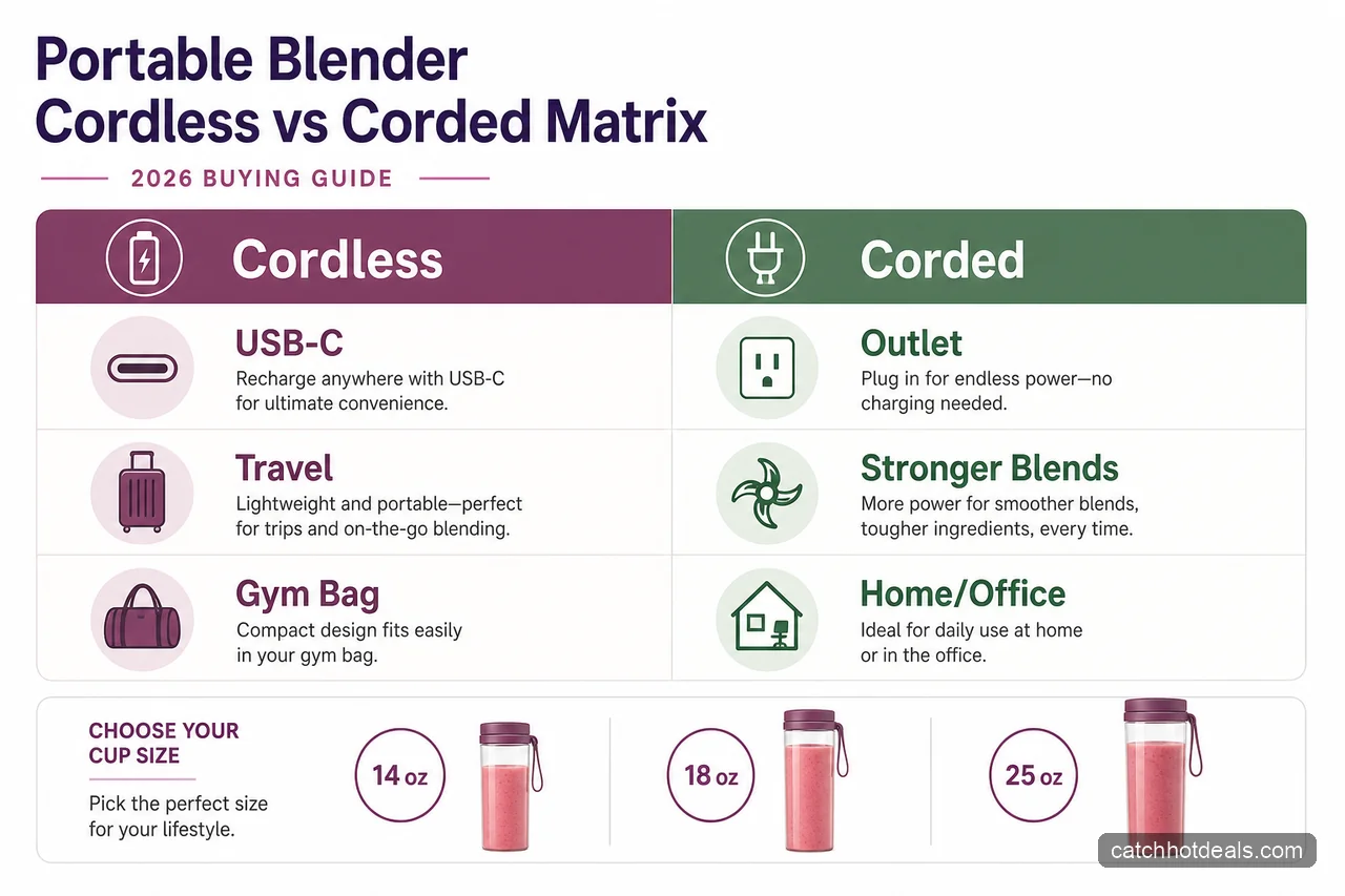 Matrix comparing cordless and corded portable blenders for smoothie routines