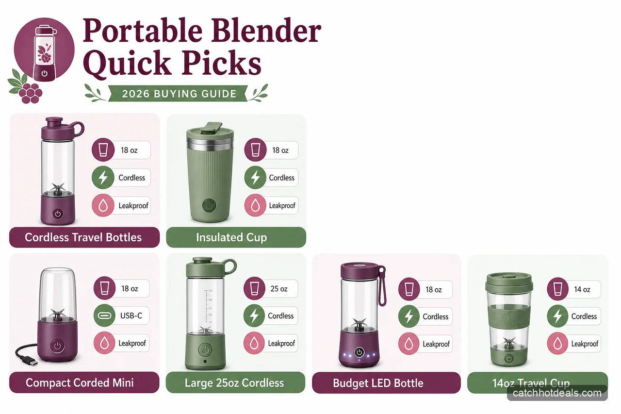 Comparison chart of six portable blenders by cup size, cordless design, and travel fit