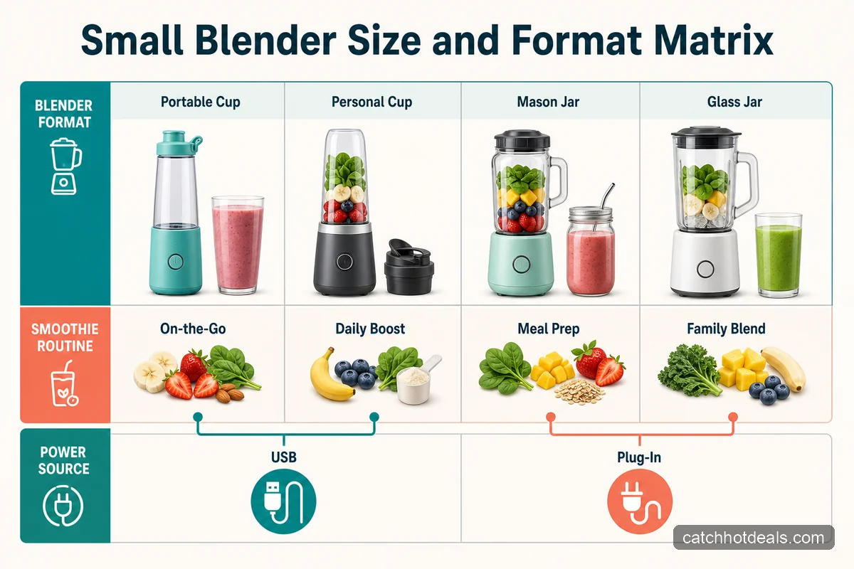 Matrix showing small blender formats, capacities, and power sources for smoothies