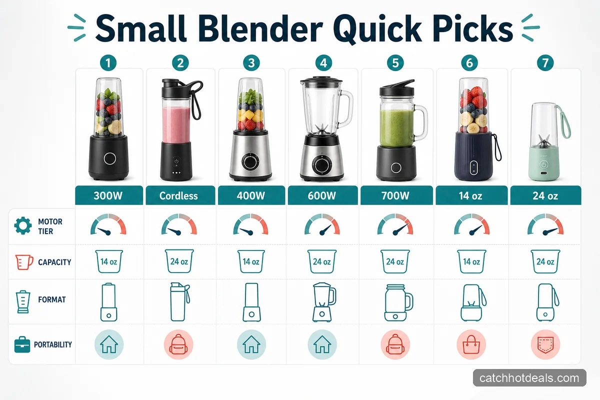 Comparison chart of seven small smoothie blenders by motor tier, capacity, and format