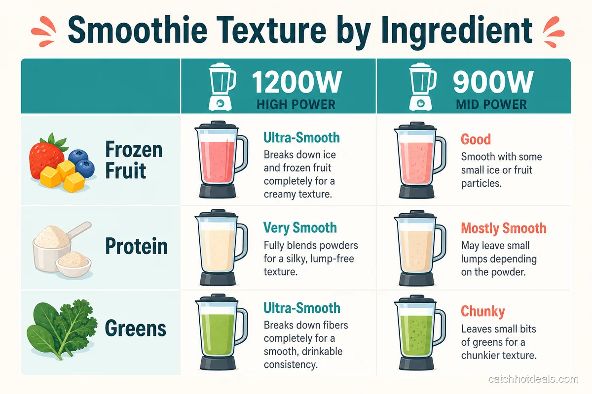 Matrix showing motor and jar needs for frozen fruit, protein powder, and leafy green smoothies
